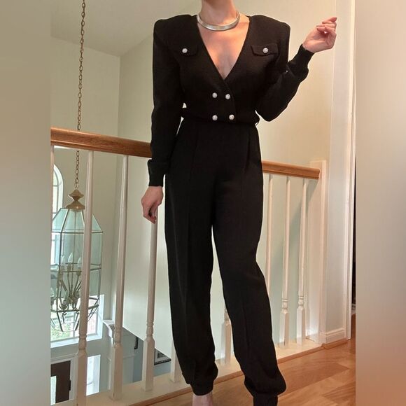 VINTAGE PAT SANDLER Sakowitz Black Knit Jumpsuit Sz 6 Mob Wife 70s 80s Cocktail - Picture 7 of 16